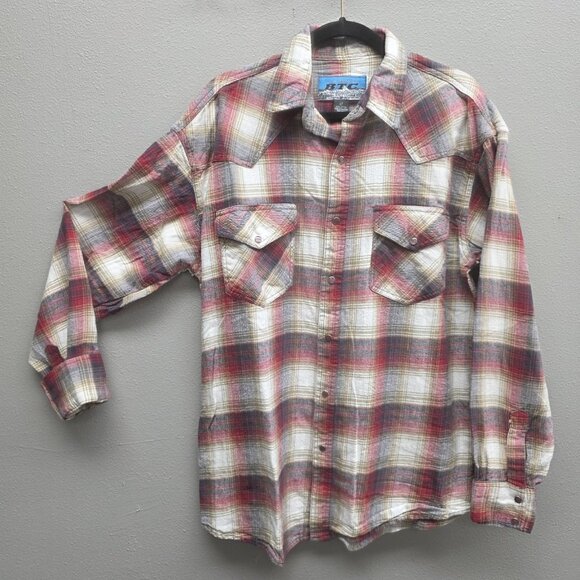 BTC Shirt Mens Large Tall Plaid Flannel Western Pearl Snap Red Gray Long Sleeve - Picture 1 of 8